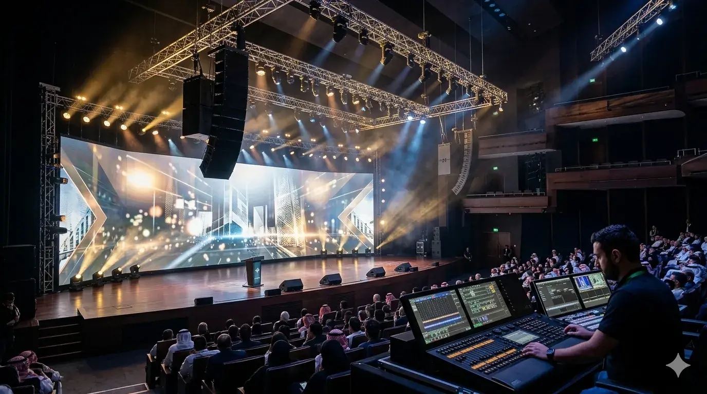 Live stage entertainment production with lighting and sound at a Saudi event
