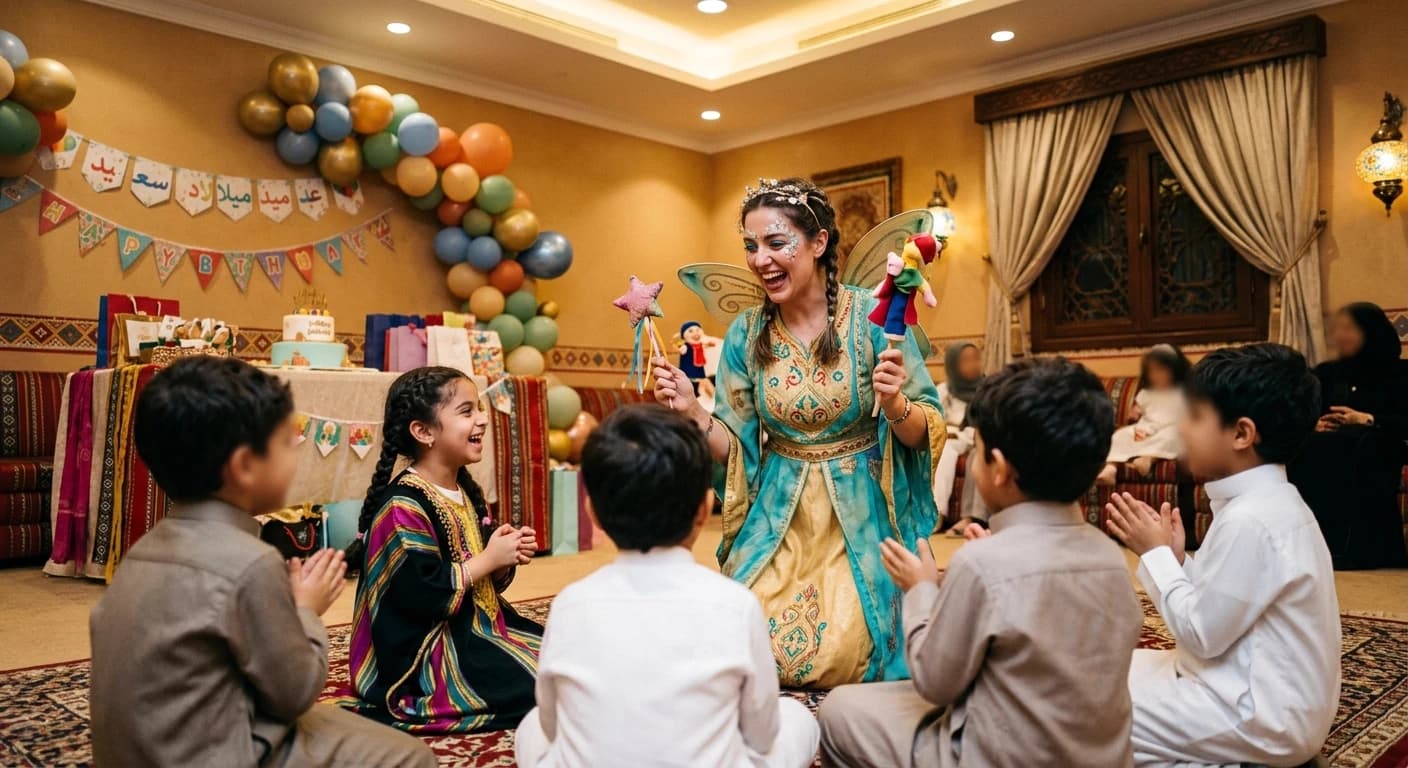 Costumed entertainer performing for children at a birthday party