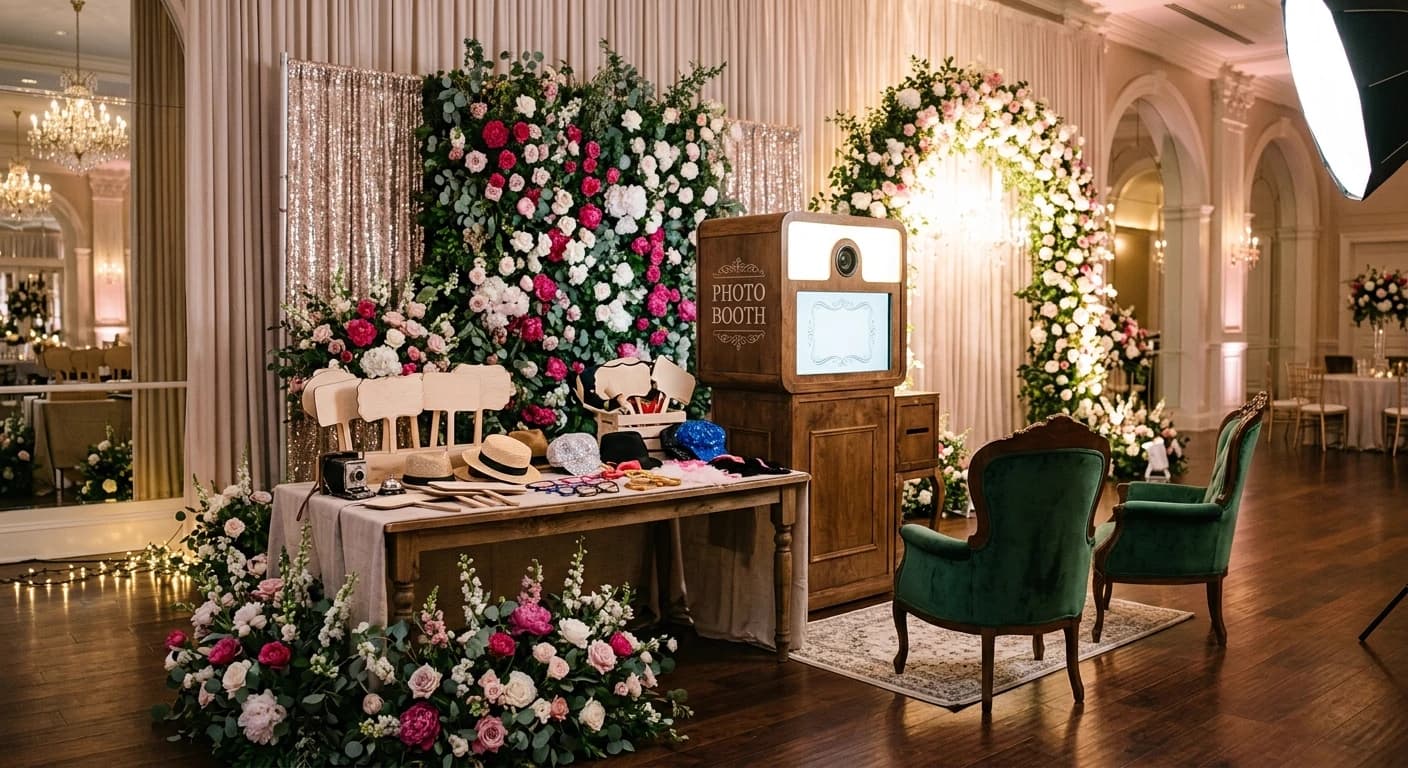 Floral-styled photo booth setup at a private celebration
