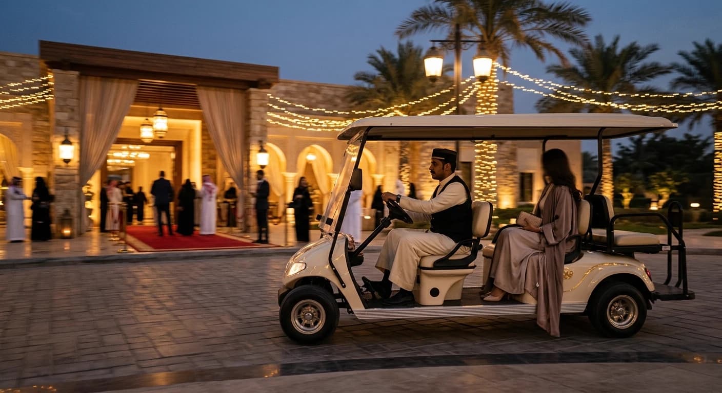 Golf cart transferring a guest from the parking area to the venue entrance at dusk